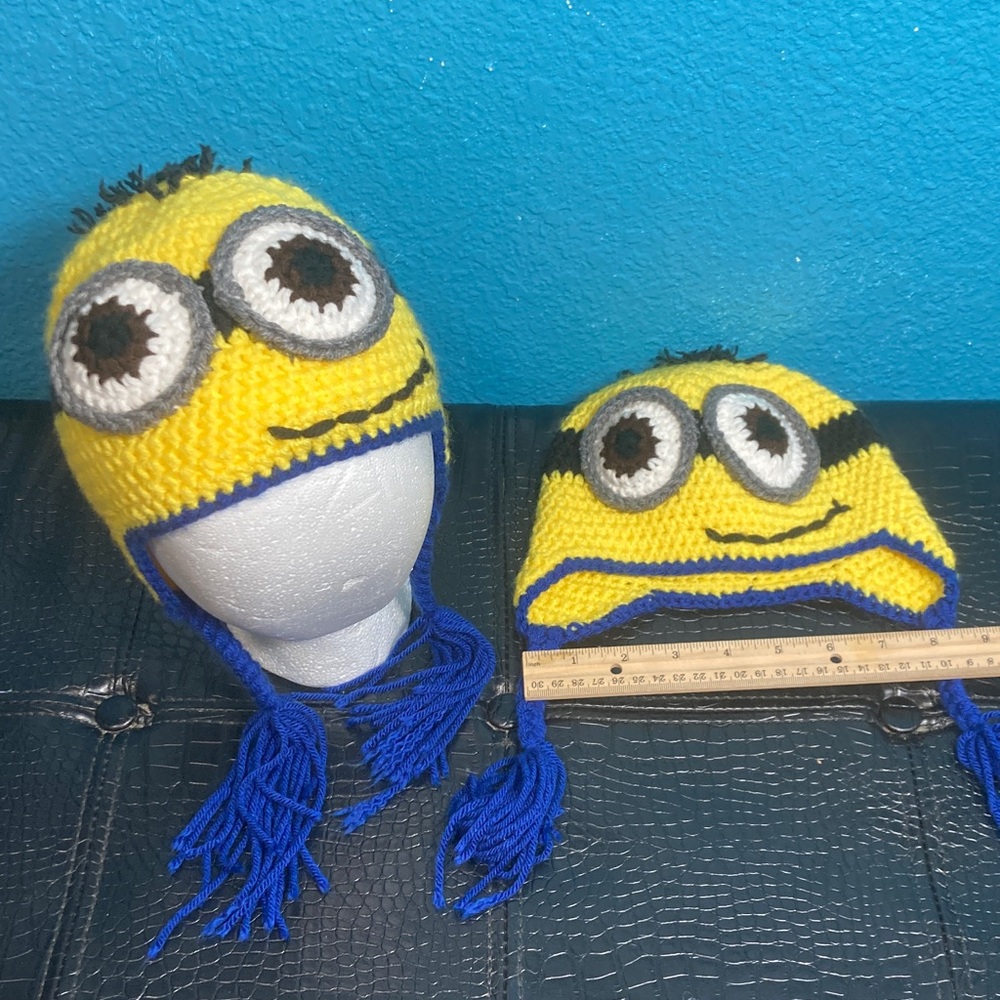 2 Handmade Crochet Fun Minion Beanies‎ Kid Sized